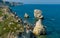 Rocks and islands in the water of the Black Sea near the landslide coast of Dzhangul in the western Crimea, Tarkhankut