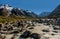 Rocks, river and snowy mountains in the background. Walking the