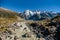 Rocks, river and snowy mountains in the background. Walking the