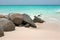 Rocks on a sandy beach on Aruba in the Caribbean Sea