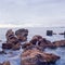 The rocks in the sea of Castiglioncello in Tuscany in winter at sunset with a island on the horizon shot with analogue film