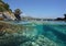 Rocks on seashore and underwater split level Spain