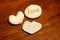 Rocks shaped like hearts with word love