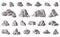 Rocks and stones. Granite mountain pebble, grey stone heap, stone gravel rock isolated vector illustration icons set