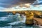 The rocks Twelve Apostles in an ocean storm surf. Travel to Australia. Fantastic morning light on the Pacific coast about