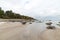 Rocky autumn beach with waves crashing on the rocks