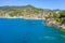 Rocky bay in Camogli, Italy. Aerial view on Adriatic seaside, liguria