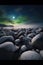 A rocky beach covered in snow under a full moon. Generative AI image.