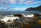 Rocky Beach Landscape  Beautiful Seaside View Of Waves and mountains. Evening Seascape  Cloudy Ocean Coast after Sunset