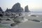 Rocky beach during low tide at dusk