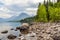 Rocky Beaches and Forested Lakeshore in Glacier National Park