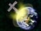 Rocky Christian cross colliding with earth