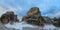 Rocky cliffs towers at the mountain pass of Dolomiti di Brenta, Italy