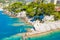 Rocky coast in Camogli, Italy. Aerial view on Adriatic seaside, liguria.