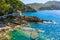 Rocky coast in Camogli, Italy. A bird-eye view on Adriatic seaside, Liguria.