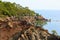 Rocky coast covered by pines in Kemer, Antalya, Turkey