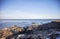 Rocky coast of Maine on Atlantic Ocean in winter