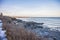 Rocky coast of Maine and ogunquit beach on Atlantic Ocean in winter