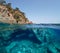 Rocky coast and rock with hole underwater sea