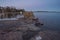 Rocky coast and sea. Finland, Scandinavian nature. Evening seascape, early spring, Long exposure