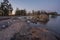 Rocky coast and sea. Finland, Scandinavian nature. Evening seascape, early spring, Long exposure