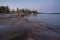 Rocky coast and sea. Finland, Scandinavian nature. Evening seascape, early spring, Long exposure