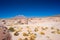 Rocky desert and steaming volcano in the distance, on the Andean Highlands, among the most important travel destination in Bolivia