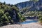 Rocky gorge and canoes on the Ardeche Rive