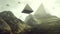 Rocky Hills with Floating Alien Geometric Pyramid Shapes