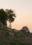 A rocky hillside with an aspen tree against the orange glow of a predawn sky