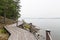 Rocky lakeshore with wooden pathway