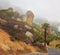 Rocky landscape along a road with thick smoggy air from a wildfire spreading and destroying trees and bushes