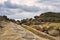 Rocky landscape eroded by sea water at the seaside.