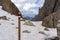 The rocky landscape of the trail on Sassolungo. Dolomites. Italy