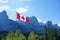 Rocky mountains at Canmore, Alberta, Canada, Canadien flag, Nordic Centre