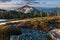 Rocky mountains covered with the last snow near Mount Shasta volcano. Castle dome from Castle Crags State Park, Castle Crags