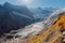 Rocky mountains and glacier. Peak of mountain and glacier in Dombay