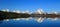 Rocky Mountains Landscape Panorama of Mount Moran reflected in Jackson Lake, Grand Teton National Park, Wyoming