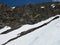 Rocky Mountains ski resort Gorky-gorod. Three skiers under the mountain. Russia Sochi 05.11.2019