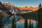 Rocky Mountains at sunrise - Moraine lake in Banff National Park of Canada