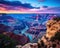 rocky mountns in the Grand Canyon after sunset.