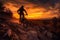 Rocky path journey, Enduro cyclist\\\'s silhouette on mountain bike at sunset