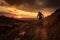 Rocky path journey, Enduro cyclist\\\'s silhouette on mountain bike at sunset