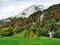Rocky peak Ochsenchopf in the Glarus Alps Mountain Range and above Lake Klontalersee