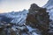 Rocky peaks of the French Alps at sunrise with a view of Aiguille du Midi