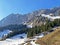 Rocky peaks Ochsenchopf 2179 m and Torberg 2104 m in the Glarus Alps mountain range, over the KlÃ¶ntalersee / Kloentalersee