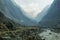 Rocky peaks and river flowing in Nepal