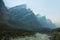 Rocky peaks and river flowing in Nepal