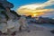 Rocky sandy Chalkidiki beach Greece at sunset