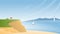 Rocky sea coast vector illustration, cartoon flat panoramic scenic seascape with tranquil nature beach and small house